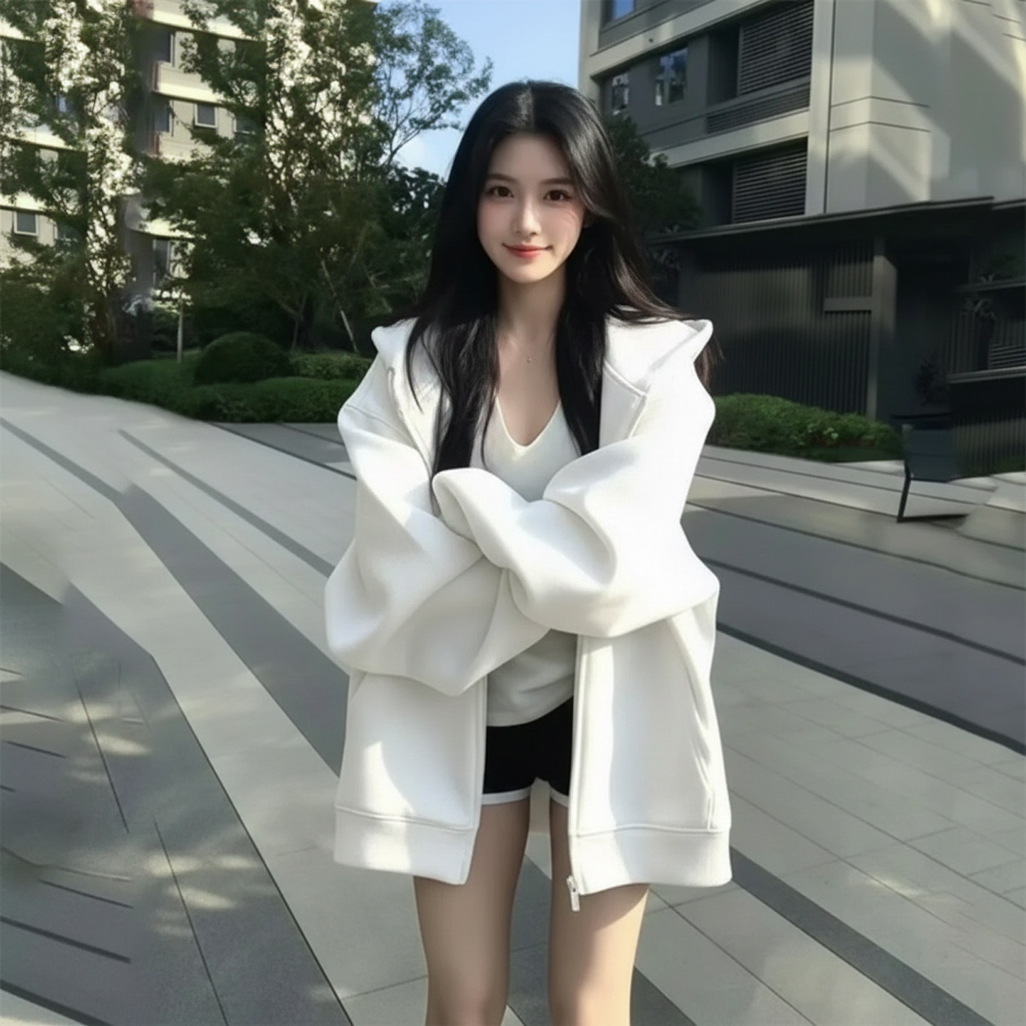 女性用ホワイトジップアップフード付きスウェットシャツジャケット、2026年新作スタイル、ゆったりフィット、春用カーディガン、韓国風トップス、ユニーク。