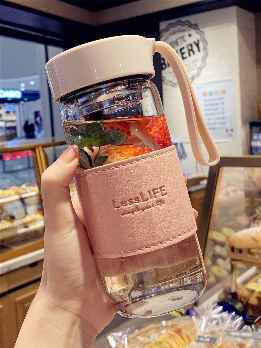 Korean version fresh and heat resistant glass cup lady with lifting rope portable tea septico tea cup male business minimalist water glass-Taobao