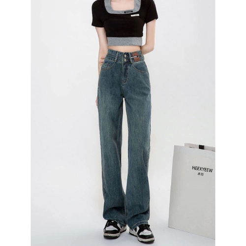 Весенние джинсы, штаны, высокая талия, свободный прямой крой, по фигуре