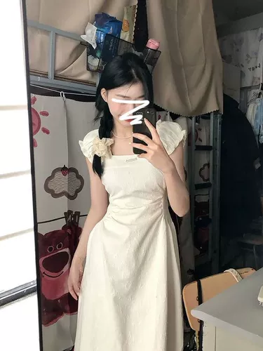 Белое летнее платье, приталенный корсет, длинная юбка, французский стиль, квадратный вырез, подходит для подростков