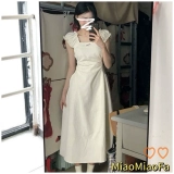 Белое летнее платье, приталенный корсет, длинная юбка, французский стиль, квадратный вырез, подходит для подростков