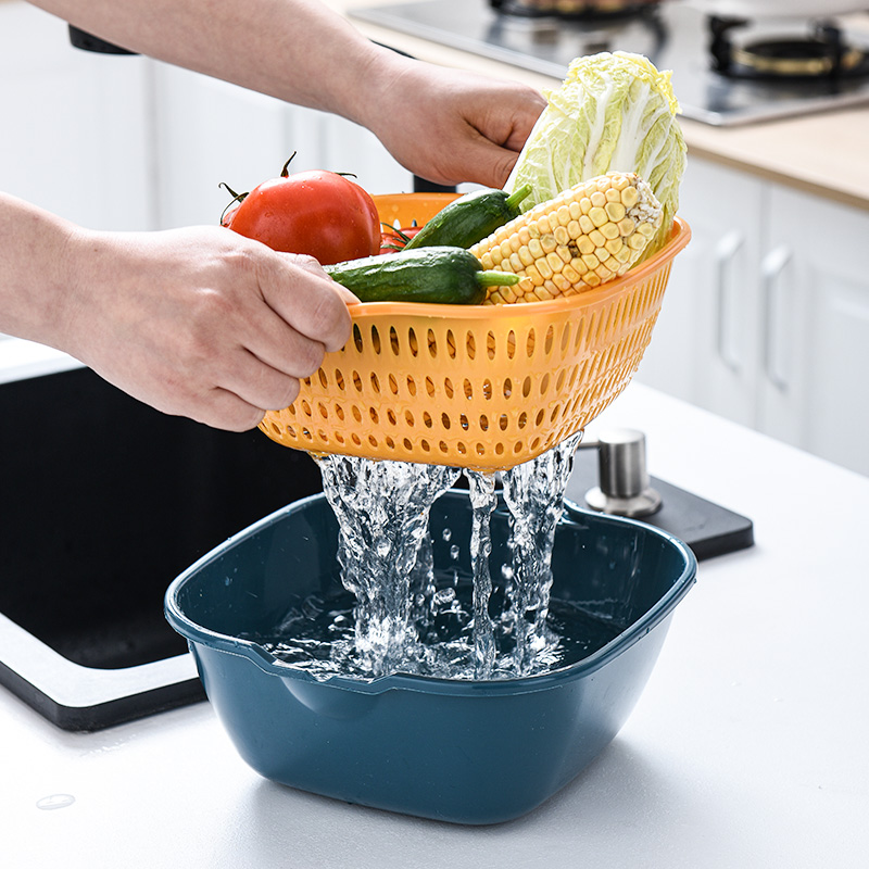 Double Layer Drain Basket Kitchen Wash Vegetable Basin Fruit Vegetable Dish Basket Living Room Home Wash Fruit Pan Naughty Plastic Basket-Taobao