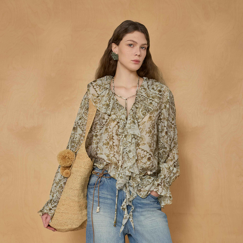 Shenshen2026 Spring New Style French Style Long-Sleeved Floral Shirt with Ruffles, Feminine Casual Tencel Top