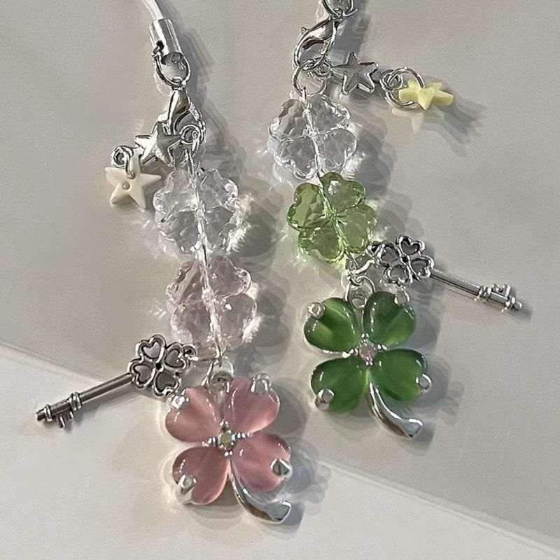 【Four-Leaf Clover】Handmade Lucky Four-Leaf Clover Beaded Phone Chain, Bag Charm, Aqua-Colored Pendant
