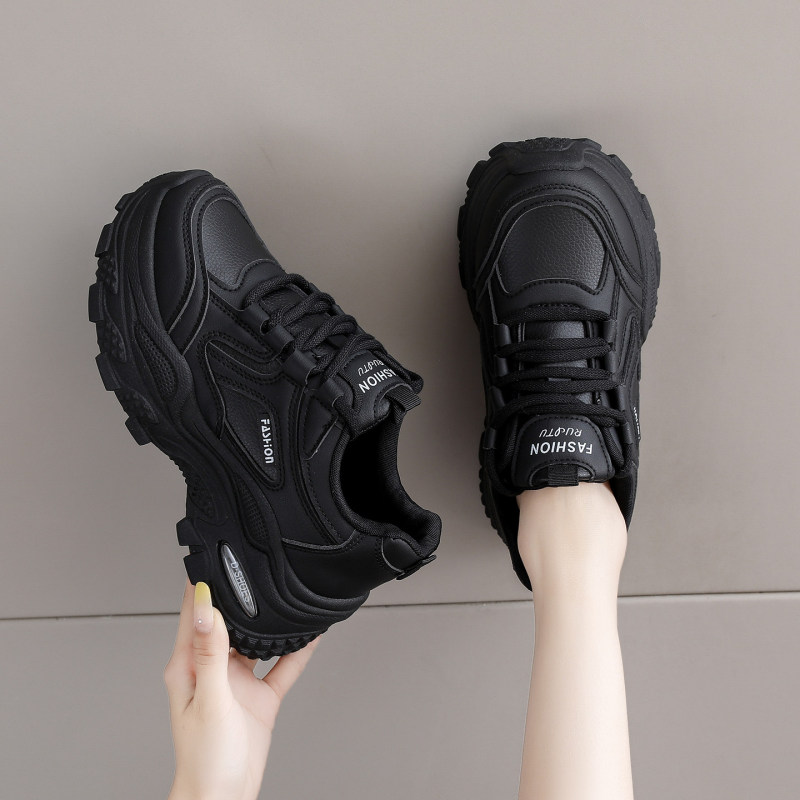 Qiao Zhou Official Website Women's Shoes All Black Dad Shoes Women's Leather Waterproof Thick-Soled Non-Slip Comfortable for Work and Sports