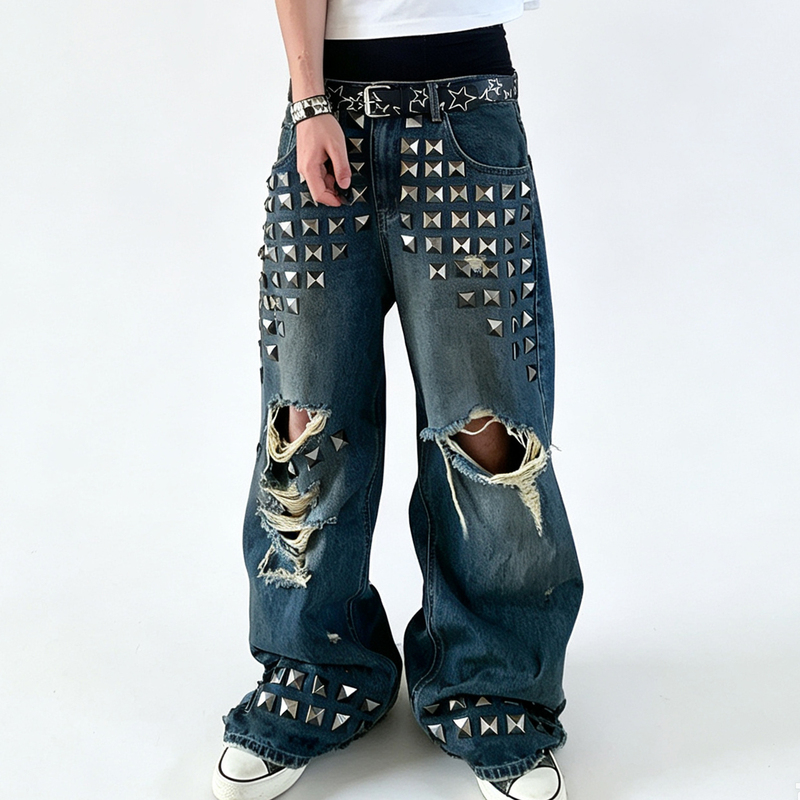 Luuucam Light Punk Heavy-Duty Rivet Ripped Straight-Leg Jeans Washed Vintage Y2K Retro Casual Long Pants Luuucam Light Punk Heavy-Duty Rivet Ripped Straight-Leg Jeans Washed Vintage Y2K Retro Casual Long Pants