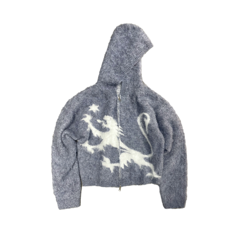 Luuucam Soft and Heavy Mink Fur Sweater Jacquard Knit Cardigan Zipper Loose Hooded Lazy Coat Spring