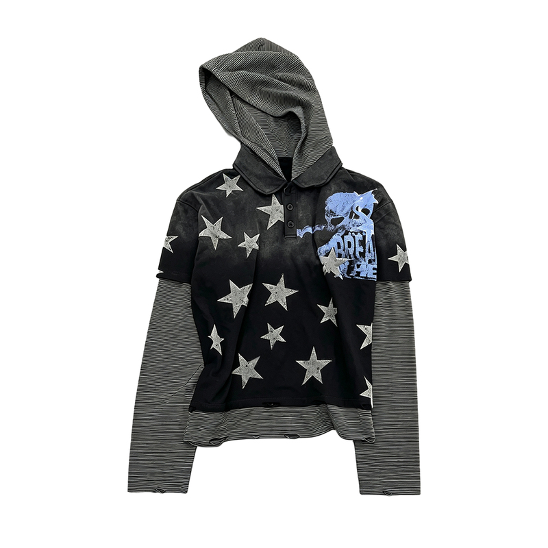 Luuucam Dark Star Skull Fake Two-Piece Hooded Long-Sleeve T-Shirt Distressed Washed Y2K Retro Layered Top