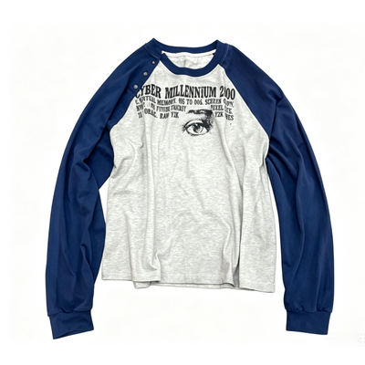 luuucam Y2K Cyber one-eye print off-the-shoulder long-sleeved T-shirt, American retro navy blue and grey short wide top