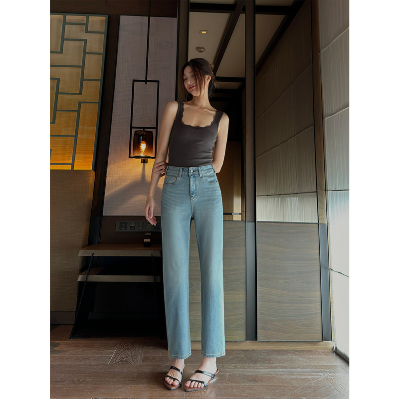 Ideal High-Waisted Straight-Leg Cropped Baguette Jeans for Women, Spring and Summer Thin Style, Petite Straight-Leg Stretch Cigarette Pants