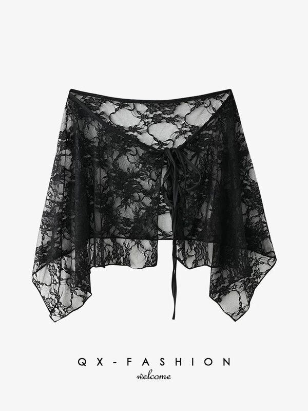 Unique Designer Lace Asymmetrical Skirt Short Skirt with Layered Design and Tie-Up Detail