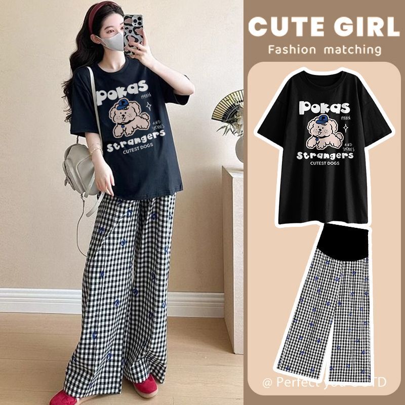 Trendy and Slimming Maternity Wear Summer New Short-Sleeve T-Shirt Plaid Wide-Leg Pants Two-Piece Set for Covering the Belly for Stylish Moms Trendy and Slimming Maternity Wear Summer New Short-Sleeve T-Shirt Plaid Wide-Leg Pants Two-Piece Set for Covering the Belly for Stylish Moms