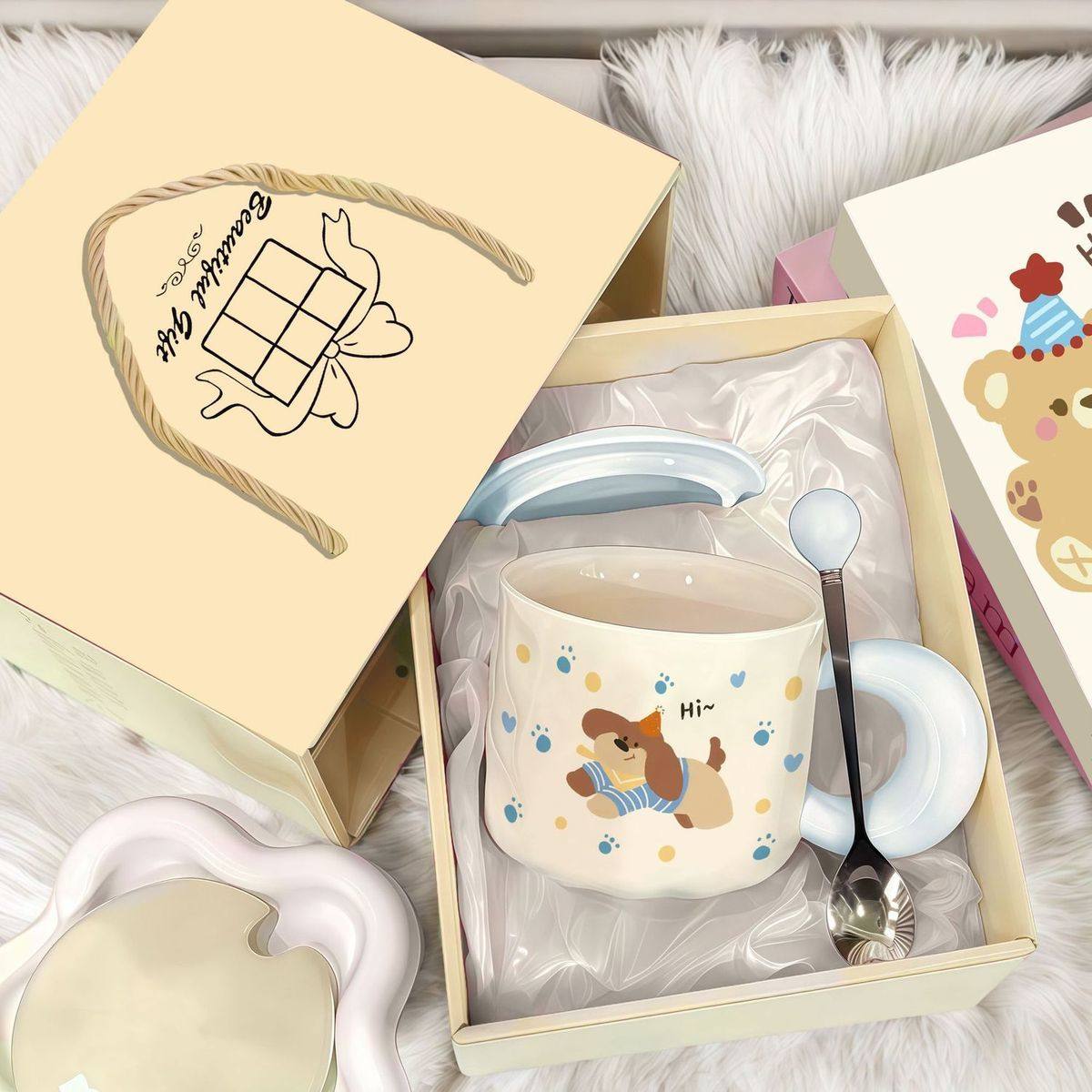 Молочная кружка для щенка фуфу с крышкой, керамическая чашка для воды, подарок на день рождения для мальчиков и девочек, подарок на день рождения, сувенир