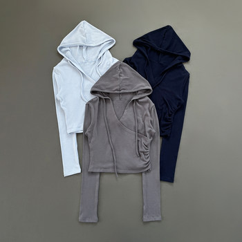 Hooded long-sleeved training v-neck waist slimming top