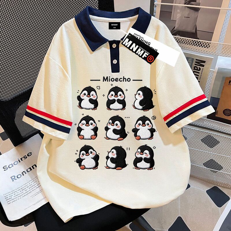 2026 Summer Boys and Girls Polo Shirt with Nine-Grid Penguin Embroidery-Style Print, Navy Blue Contrast Collar, Casual Short-Sleeve Top
