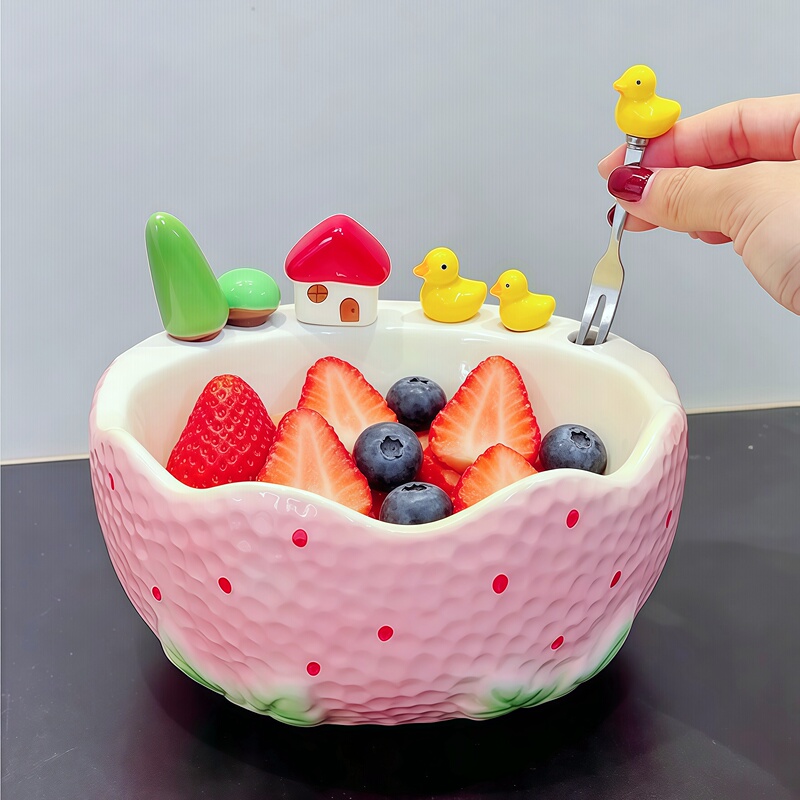 Cute Strawberry Fruit Plate with Fork Ceramic Fruit Plate Set for Home Use Coffee Table Stainless Steel Fruit Fork Living Room Decoration