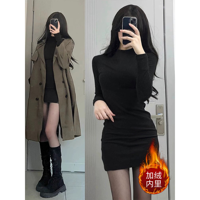 Black Turtleneck Knitted Hip-Hugging Dress for Women, Autumn and Winter Coat Inner Layer, Slim Fit, Fleece-Lined Short Skirt Set