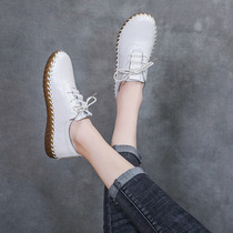224 spring new style hand-sewn womens toe-layer cowhide mothers shoes lace-up soft-soled shoes genuine leather flat shoes