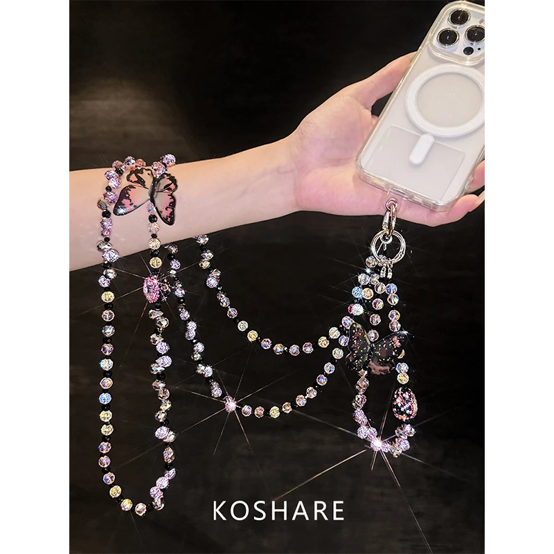 [Butterfly Dream]Summer Fresh Crossbody Phone Chain Lanyard Keychain with Sparkling Rhinestones, High-End Chain, Light Luxury Fashion Trend, Anti-Drop Bracelet Wristband Long Chain for Women, Gift, High Aesthetic Value, Trendy