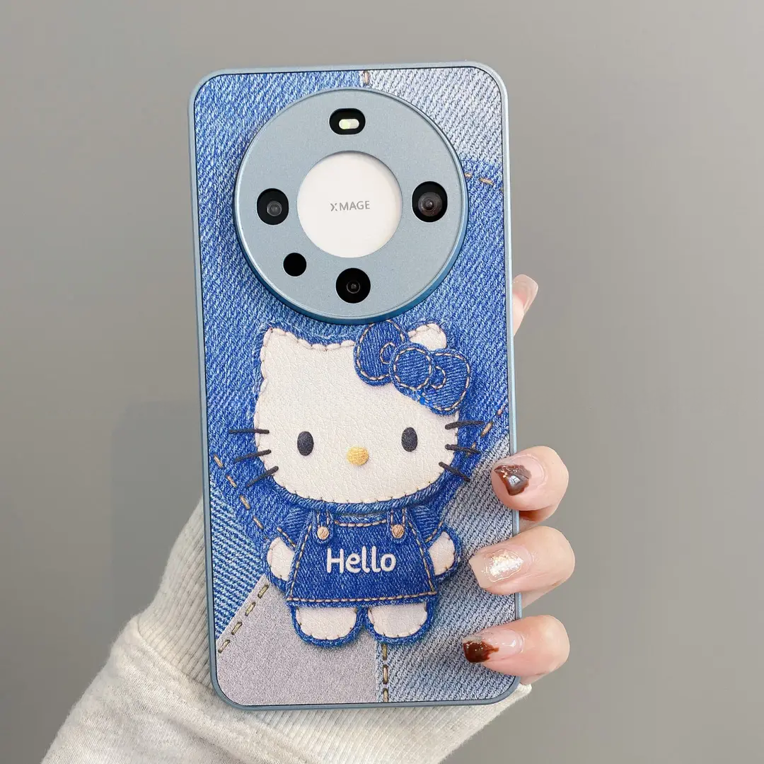 Metal Leather Denim Kt Phone Case Suitable for Apple 17 Pro Max, Huawei Mate 60, Creative Pura 70, Cute Oppo Reno 14, Cartoon Vivo S30/X200, Full Coverage Honor 400 for Women