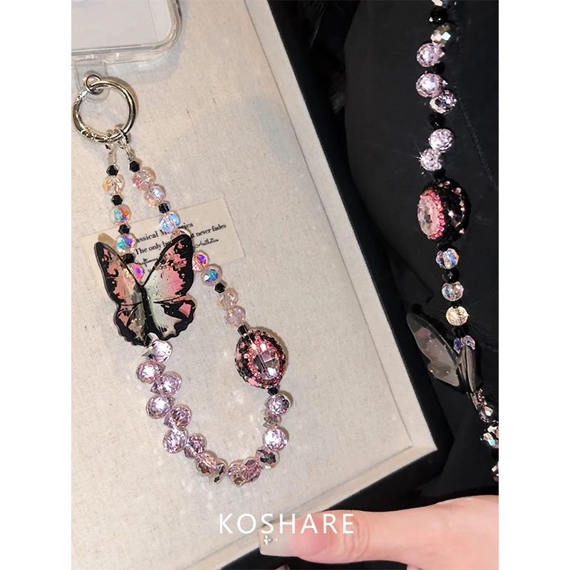 [Butterfly Dream]Summer Fresh Crossbody Phone Chain Lanyard Keychain with Sparkling Rhinestones, High-End Chain, Light Luxury Fashion Trend, Anti-Drop Bracelet Wristband Long Chain for Women, Gift, High Aesthetic Value, Trendy