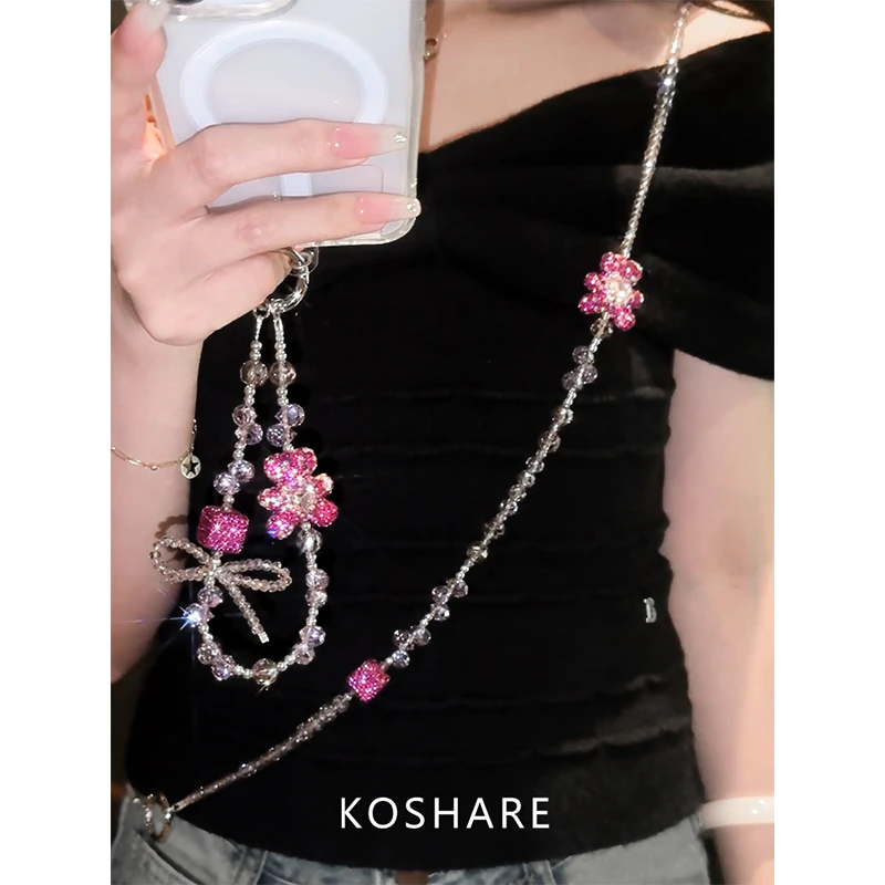 [Heartbeat Bear]Crossbody Wristlet Phone Chain Lanyard Keychain with Sparkling Rhinestones, High-End Decorative Chain, Light Luxury Fashion Trend, Anti-Drop Bracelet Wristband, Neck Chain, Long Chain, Women's Gift