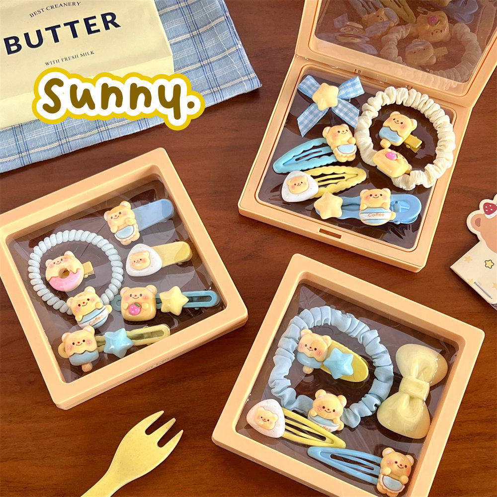 食颜派 卡子套组B黄油小熊组合 【可爱奶黄小熊系列 发饰组合 少女甜美 碎发刘海夹 高弹力发绳】