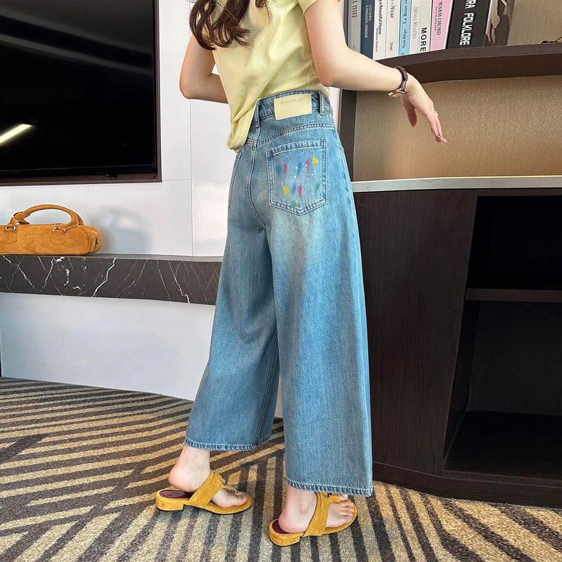 Blue Graffiti Wide-Leg Jeans for Women, New Autumn Style, Plus Size, Pear-Shaped Body, High-Waisted, Slimming, Cropped Granny Pants Blue Graffiti Wide-Leg Jeans for Women, New Autumn Style, Plus Size, Pear-Shaped Body, High-Waisted, Slimming, Cropped Granny Pants