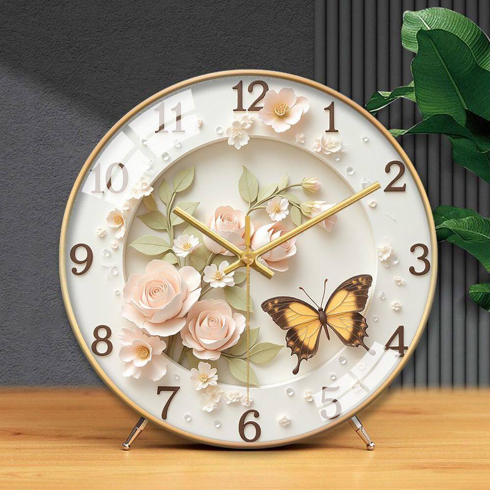 French-Style Butterfly Nordic Clock, High-Value Art Painting, Silent Bedroom and Living Room Creative Home Desk Clock, Quartz Clock