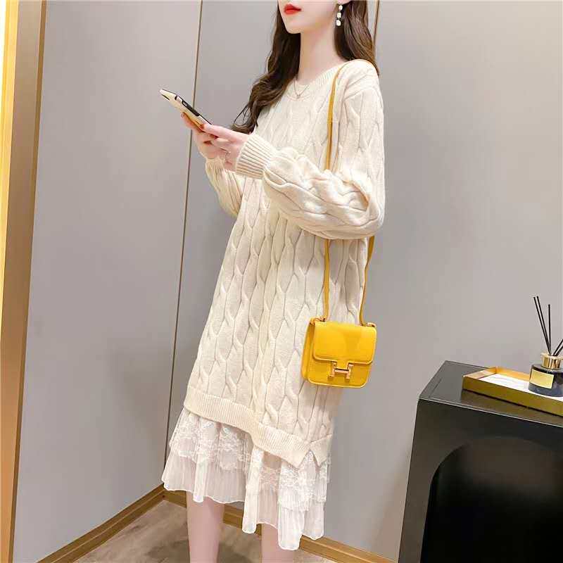 Large size women's autumn and winter sweater dress outer wear fat mm loose lace stitching knee-length twist knitted skirt