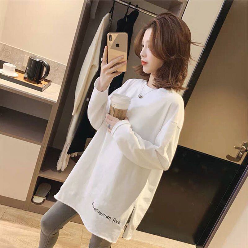2021 autumn and winter new long-sleeved T-shirt women's loose mid-length Korean version of pure cotton white hole bottoming shirt top T