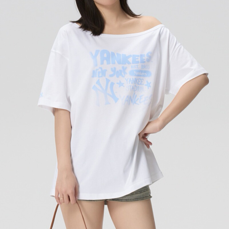 Mlb Retro Ny Graffiti Print Slanted Shoulder Cool Summer Style Women's Casual Sports Short-Sleeved T-Shirt 3Ftsb6763