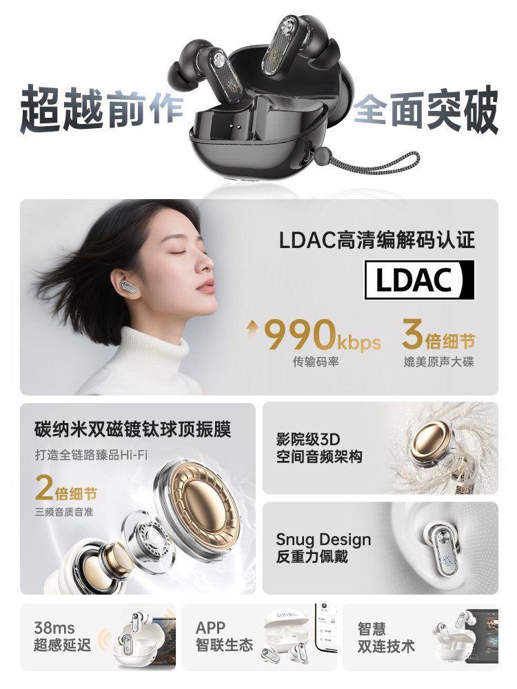 Misheng Gemini Pro Bluetooth Headphones Hifi High-Quality In-Ear Active Noise Cancellation True Wireless Ultra-Long Battery Life