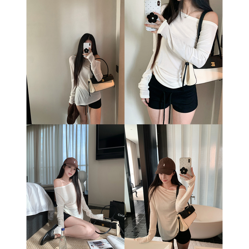 Hamyiho Lyocell Tencel Wool Off-Shoulder Long-Sleeve T-Shirt for Women, Inner Layer Base Shirt with a Stylish Asymmetrical Shoulder Design for Autumn