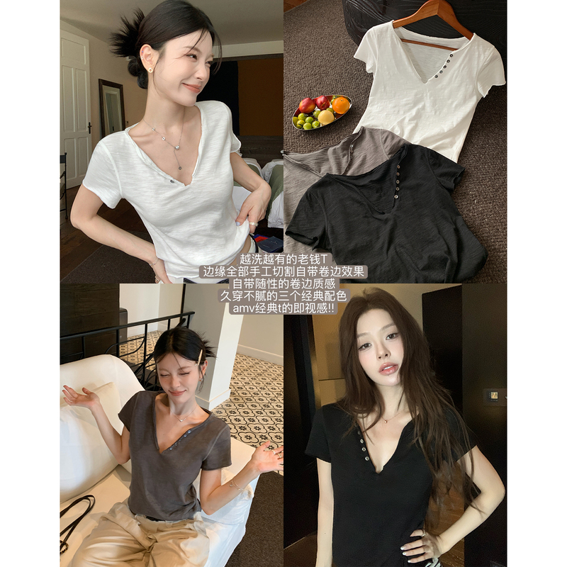 Hamyiho Pure Cotton Rolled Edge Short-Sleeve Slimming Button V-Neck T-Shirt for Women, Summer Regular Shoulder Short Top for Layering Hamyiho Pure Cotton Rolled Edge Short-Sleeve Slimming Button V-Neck T-Shirt for Women, Summer Regular Shoulder Short Top for Layering