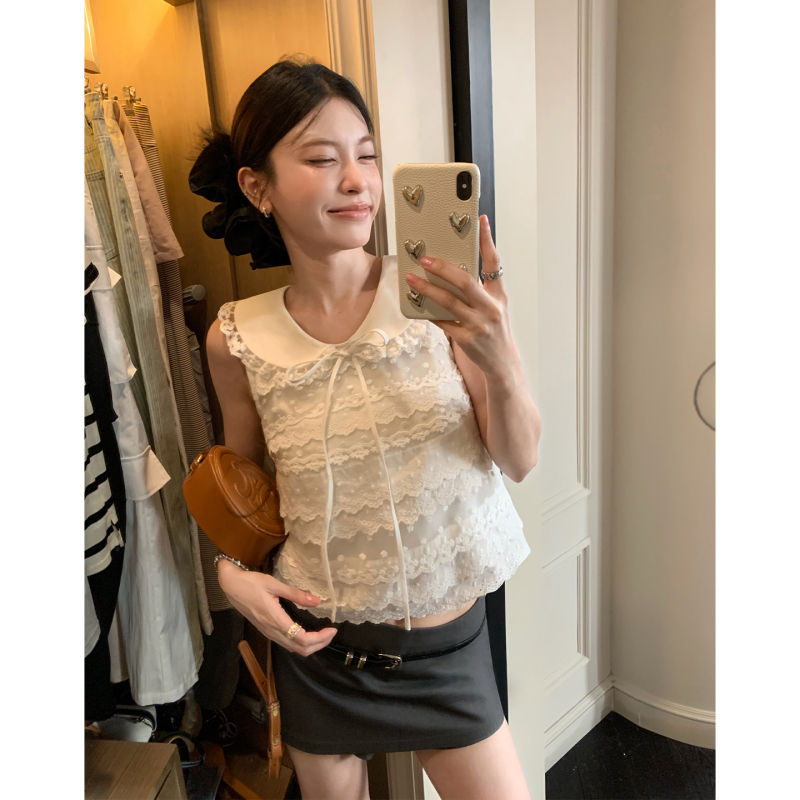 Hamyiho White Doll Collar Cake Sleeveless Top Women's Miu Style Lace Trim Shirt Vest Summer Thin Style