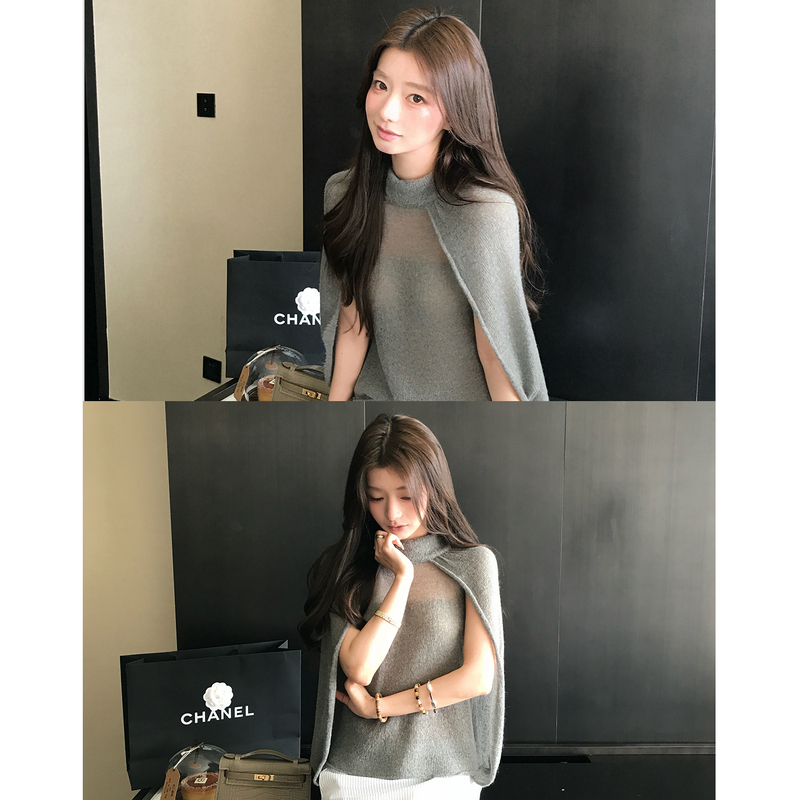 Hamyiho Simple Fake Two-Piece Shawl Knitted Cape for Women, Autumn Versatile Semi-Sheer Half-Turtleneck Design Top