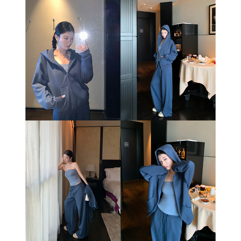 Hamyiho Relaxed Blue Hooded Zipper Sweatshirt Jacket Women's Autumn Loose Sports Casual Pants Tube Top Set