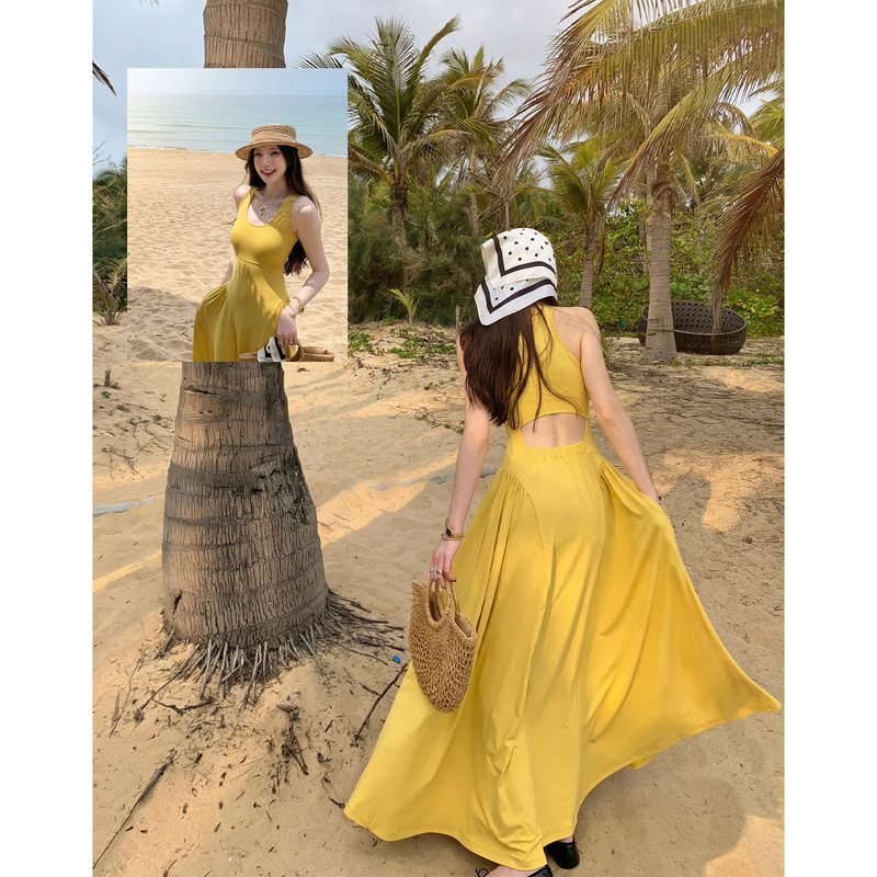 Hamyiho Vacation-Style Dress for Women, Designer Sleeveless Long Dress with Cut-Out Back, 2026 Spring/Summer New Style