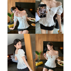 Hamyiho White Lace Short-Sleeved Shirt for Women Summer Sweet Bow Puff Sleeve Shirt Waist-Cinching Top