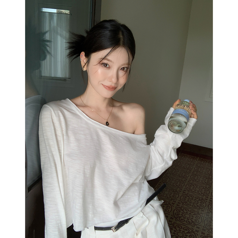 Hamyiho Off-Shoulder Short Top, One-Shoulder Long-Sleeve T-Shirt for Women, Summer Loose Blouse, 100% Cotton, Early Autumn Outfit