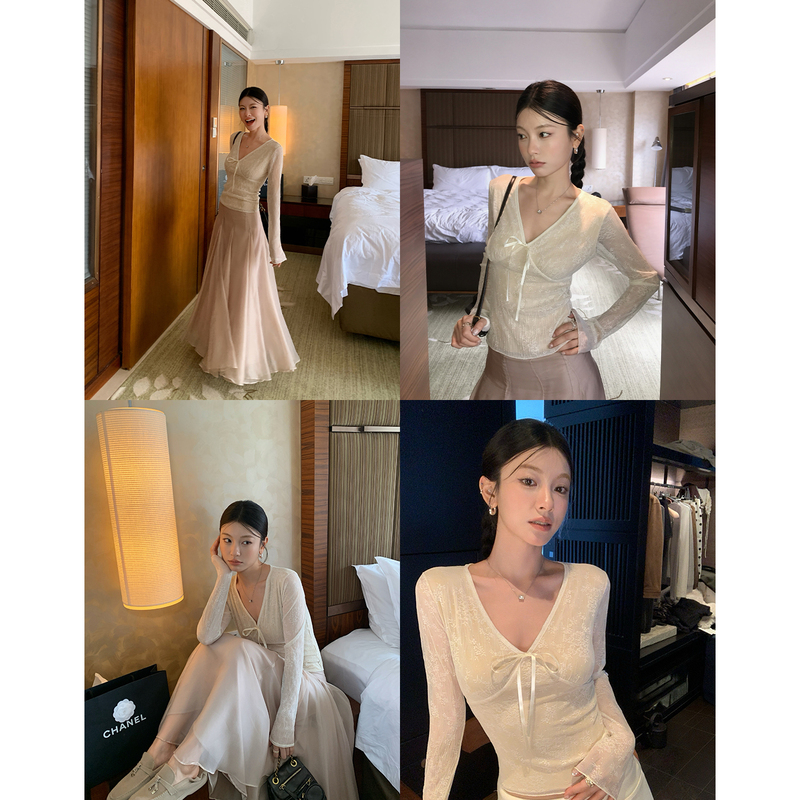 Hamyiho Pure Desire Style V-Neck Lace Long Sleeve T-Shirt for Women, Autumn Niche Slightly See-Through Tie-Up Inner Layer Top