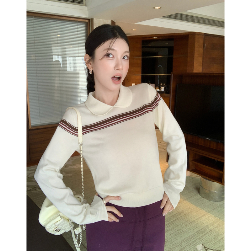 Hamyiho Doll Collar Striped Knit Sweater Long-Sleeve T-Shirt for Women Early Autumn Inner Layer Sweater with a Sense of Design, Preppy Style Top