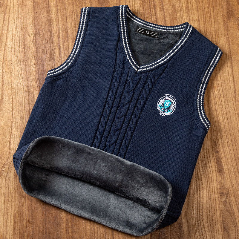 Autumn Winter Plus Suede Thickened Junior High School Vest Sweater Dk Knitwear Waistcoat Jk Male High School Junior High School Boy Warm-Taobao