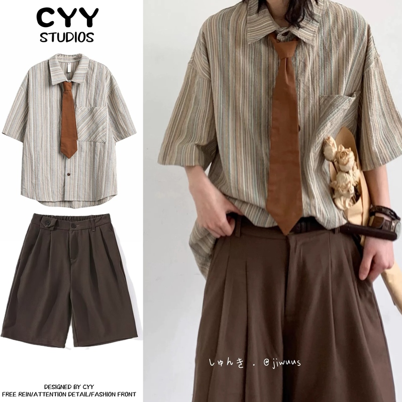 Two-Piece/Single-Piece Summer Japanese Retro Dark Striped Short-Sleeved Shirt for Men and Women, College Style Casual Loose Shirt