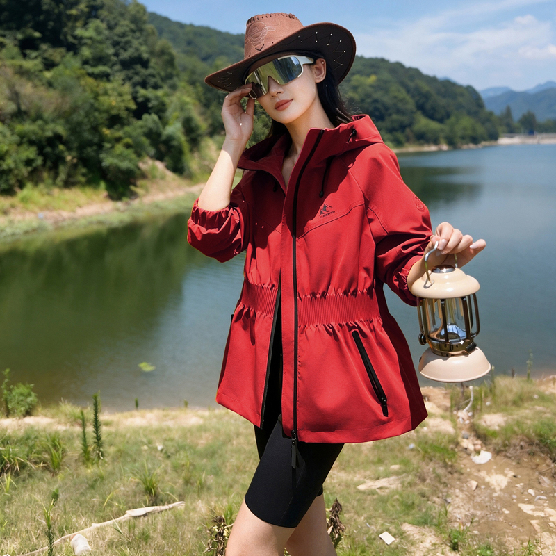 Outdoor Style Hooded Autumn Jacket for Women 2026 New Mid-Length Red Waist-Cinching Zipper Casual Windbreaker Jacket Outdoor Style Hooded Autumn Jacket for Women 2026 New Mid-Length Red Waist-Cinching Zipper Casual Windbreaker Jacket
