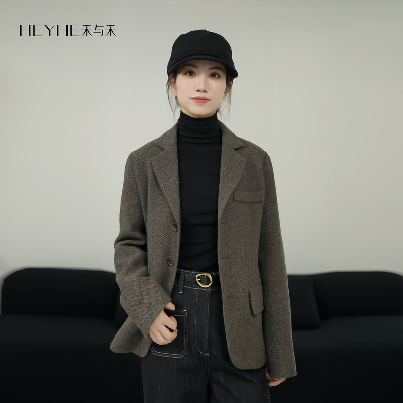 Xiaohe【Time Plaid 2.0】Wool Blend Lapel Herringbone Coarse Texture Single-Breasted Woolen Coat Suit