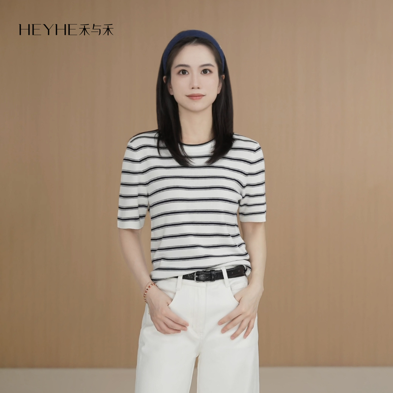 Xiaohe [Abstract Style] Lyocell Merino Wool Delicate Velvet Feel Smooth and Soft Contrast Color Classic Striped T-Shirt for Women
