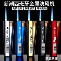 New cylindrical metal blue flame straight-in lighter thickened explosion-proof inflatable ultra-high-end lighter customized LOGO