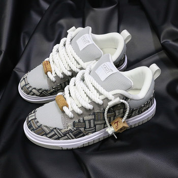 Men's Shoes Autumn and Winter New Style Personalized Loafers College Style Subversive Aesthetics Gray Dynamic National Trend Casual Versatile Sneakers